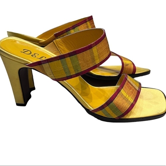 Delman Vintage Yellow,Green, & Orange Dupioni Silk Plaid Slide Sandals Sz 8.5 - Picture 1 of 12